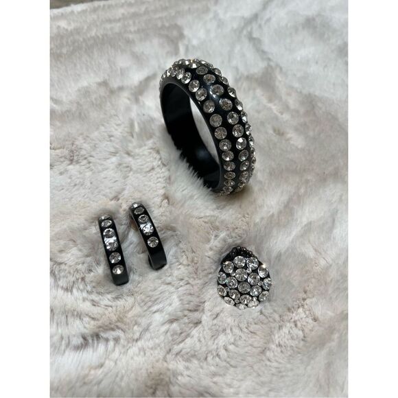Bangle Set with Matching Ring and Hoop Earrings Black with Clear rhinestones - Picture 2 of 3